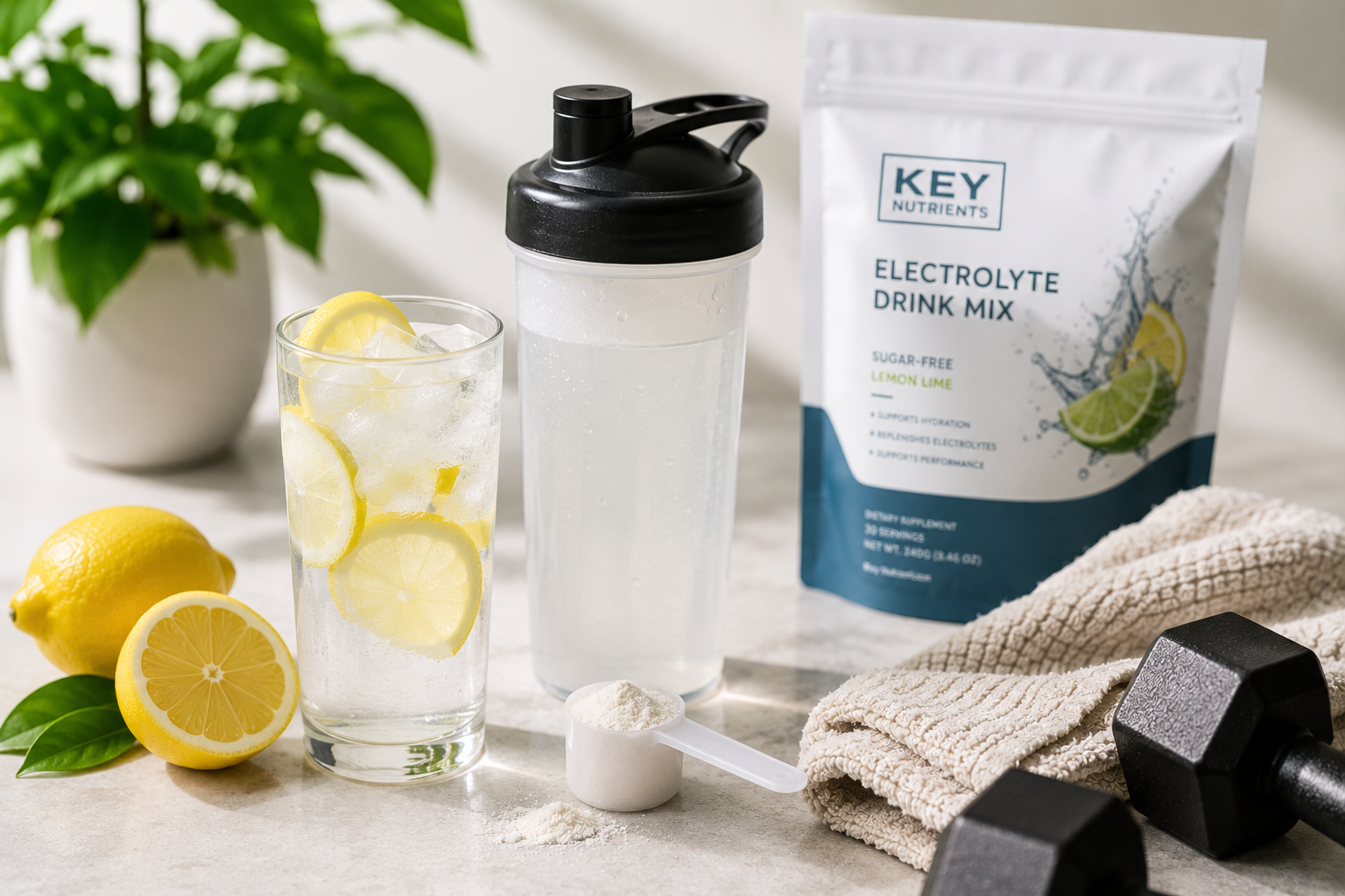 Wellness and hydration lifestyle image featuring electrolyte drink mix, shaker bottle, lemons, and fitness recovery setup